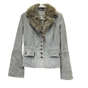 BB Dakota Womens Leather Jacket M Gray‎ Faux Fur Trim Steampunk Goth Western